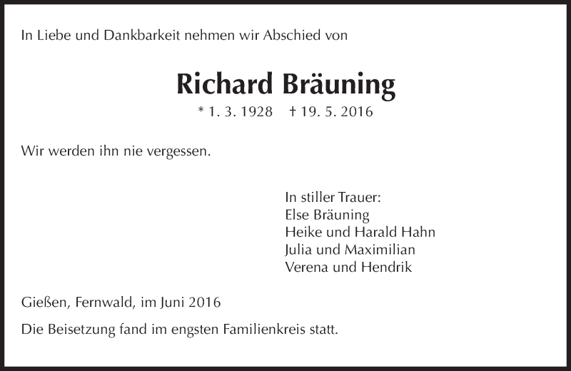  Traueranzeige für Richard Bräuning vom 04.06.2016 aus  Gießener Anzeiger