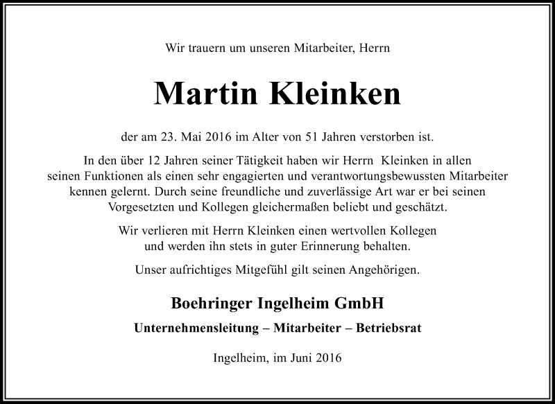  Traueranzeige für Martin Kleinken vom 04.06.2016 aus  Allgemeine  Zeitung Ingelheim-Bingen