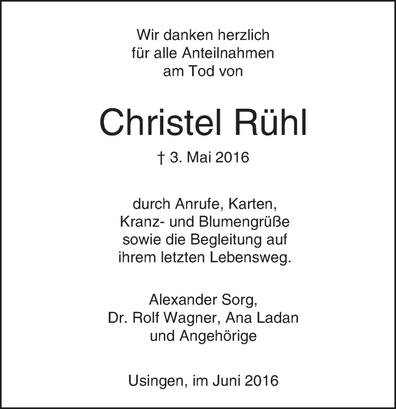  Traueranzeige für Christel Rühl vom 08.06.2016 aus  Usinger Anzeiger