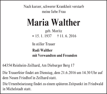 Traueranzeige von Maria Walther von Trauerportal Echo Online