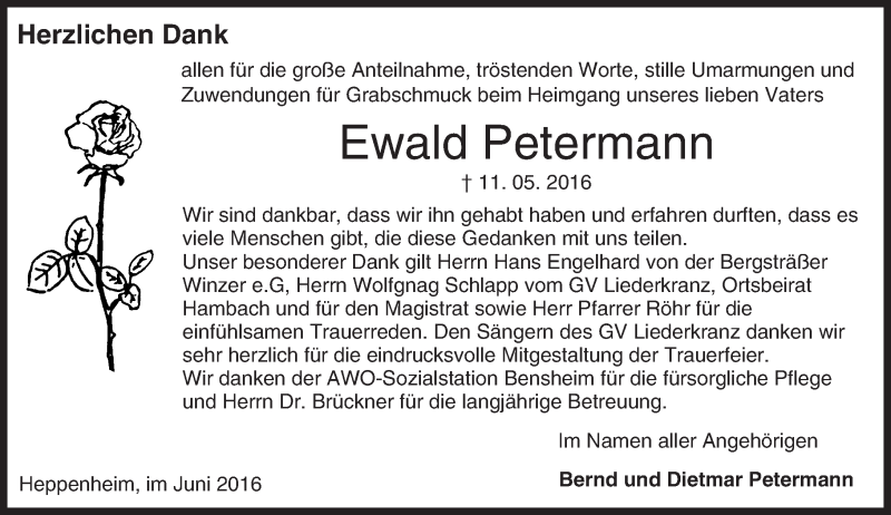  Traueranzeige für Ewald Petermann vom 18.06.2016 aus Trauerportal Echo Online