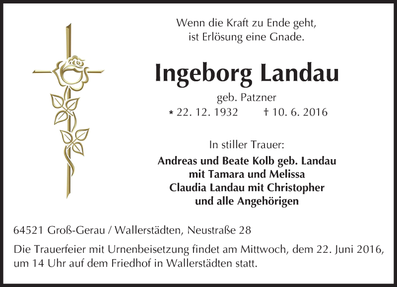 Traueranzeige für Ingeborg Landau vom 18.06.2016 aus Trauerportal Echo Online