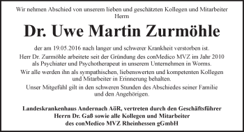 Traueranzeige von Uwe Martin Zurmöhle von  Wormser Zeitung
