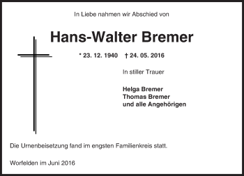 Traueranzeige von Hans-Walter Bremer von Trauerportal Echo Online
