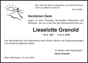 Traueranzeige von Lieselotte Granold von  Allgemeine Zeitung Mainz