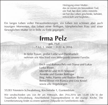 Traueranzeige von Irma Pelz von Trauerportal Rhein Main Presse
