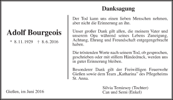 Traueranzeige von Adolf Bourgeois von  Gießener Anzeiger