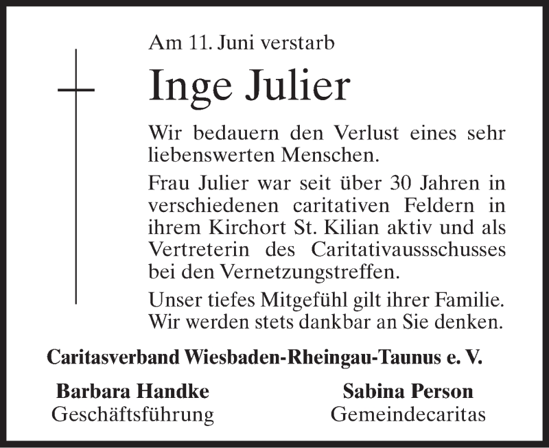  Traueranzeige für Inge Julier vom 22.06.2016 aus Trauerportal Rhein Main Presse