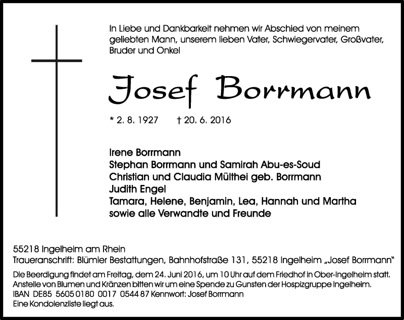  Traueranzeige für Josef Borrmann vom 22.06.2016 aus Trauerportal Rhein Main Presse