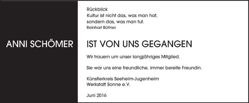  Traueranzeige für Anni Schömer vom 06.06.2016 aus Trauerportal Echo Online