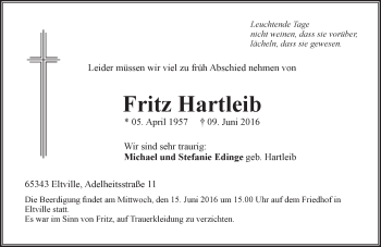 Traueranzeige von Fritz Hartleib von Trauerportal Rhein Main Presse
