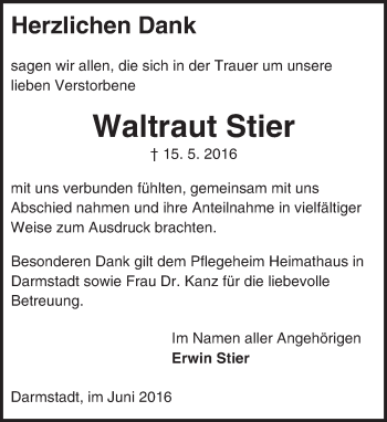 Traueranzeige von Waltraut Stier von Trauerportal Echo Online