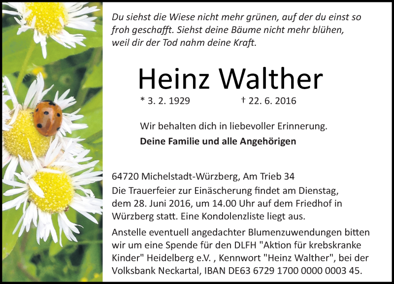  Traueranzeige für Heinz Walther vom 25.06.2016 aus Trauerportal Echo Online
