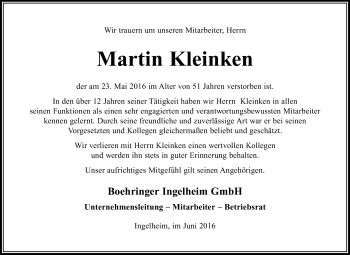 Traueranzeige von Martin Kleinken von  Allgemeine  Zeitung Ingelheim-Bingen
