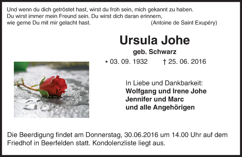  Traueranzeige für Ursula Johe vom 28.06.2016 aus Trauerportal Echo Online
