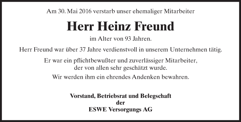  Traueranzeige für Heinz Freund vom 04.06.2016 aus  Wiesbaden komplett