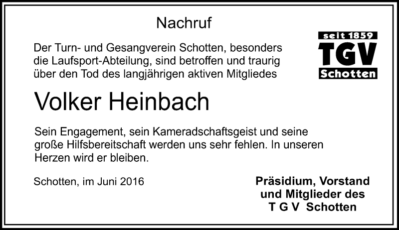  Traueranzeige für Volker Heinbach vom 07.06.2016 aus  Kreisanzeiger