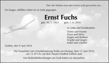 Traueranzeige von Ernst Fuchs von  Gießener Anzeiger
