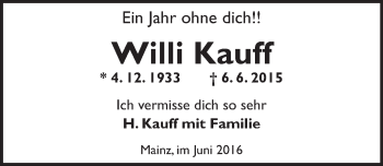 Traueranzeige von Willi Kauff von  Allgemeine Zeitung Mainz