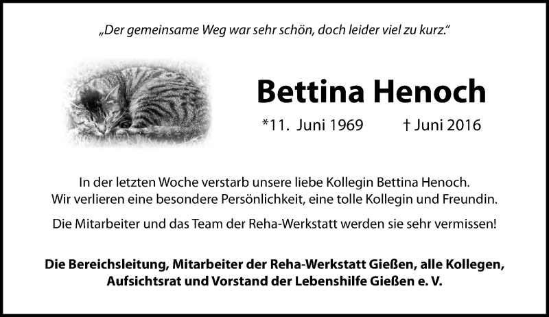  Traueranzeige für Bettina Henoch vom 11.06.2016 aus  Gießener Anzeiger