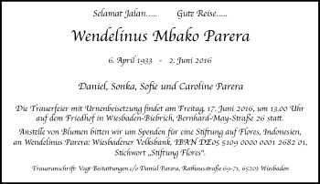 Traueranzeige von Wendelinus Mbako Parera von  Wiesbaden komplett