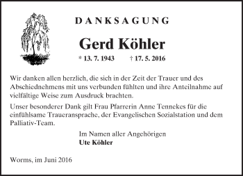 Traueranzeige von Gerd Köhler von  Wormser Zeitung