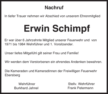 Traueranzeige von Erwin Schimpf von Trauerportal Echo Online