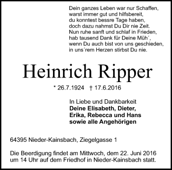 Traueranzeige von Heinrich Ripper von Trauerportal Echo Online