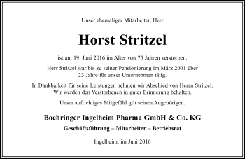Traueranzeige von Horst Stritzel von Trauerportal Rhein Main Presse