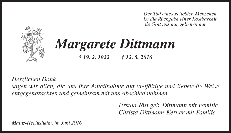  Traueranzeige für Margarete Dittmann vom 11.06.2016 aus  Allgemeine Zeitung Mainz
