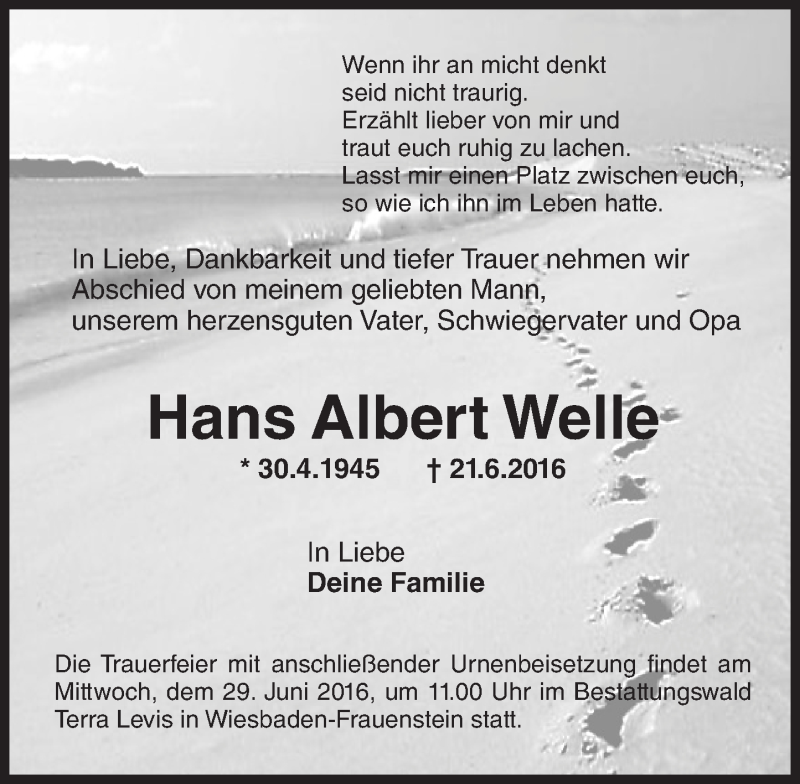 Traueranzeige für Hans Albert Well vom 25.06.2016 aus Trauerportal Rhein Main Presse