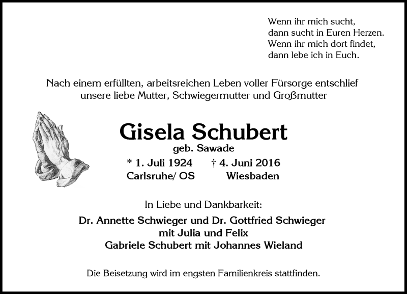  Traueranzeige für Gisela Schubert vom 11.06.2016 aus  Wiesbaden komplett