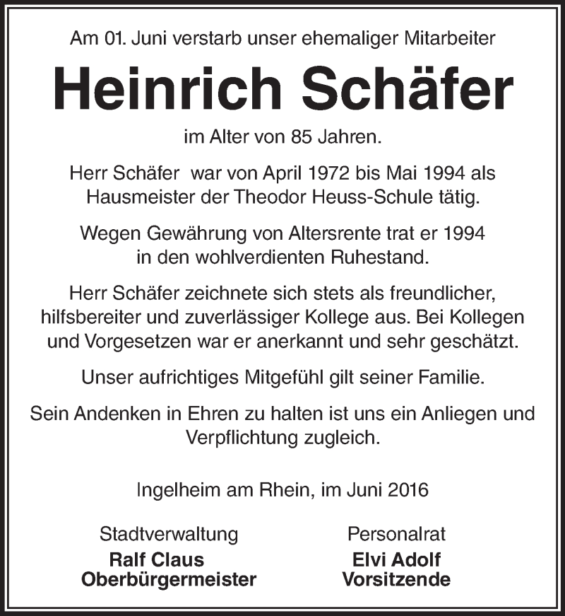  Traueranzeige für Heinrich Schäfer vom 07.06.2016 aus  Allgemeine  Zeitung Ingelheim-Bingen
