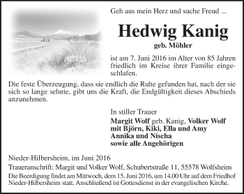 Traueranzeige von Hedwig Kanig von  Allgemeine  Zeitung Ingelheim-Bingen