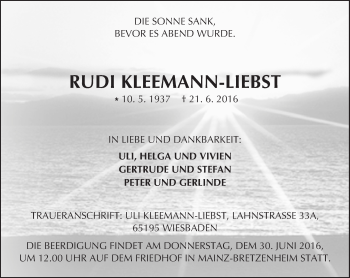 Traueranzeige von Rudi Kleemann-Liebst von Trauerportal Rhein Main Presse