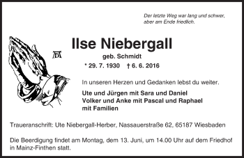 Traueranzeige von Ilse Niebergall von  Allgemeine Zeitung Mainz