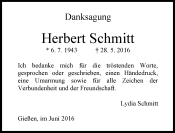 Traueranzeige von Herbert Schmitt von  Gießener Anzeiger