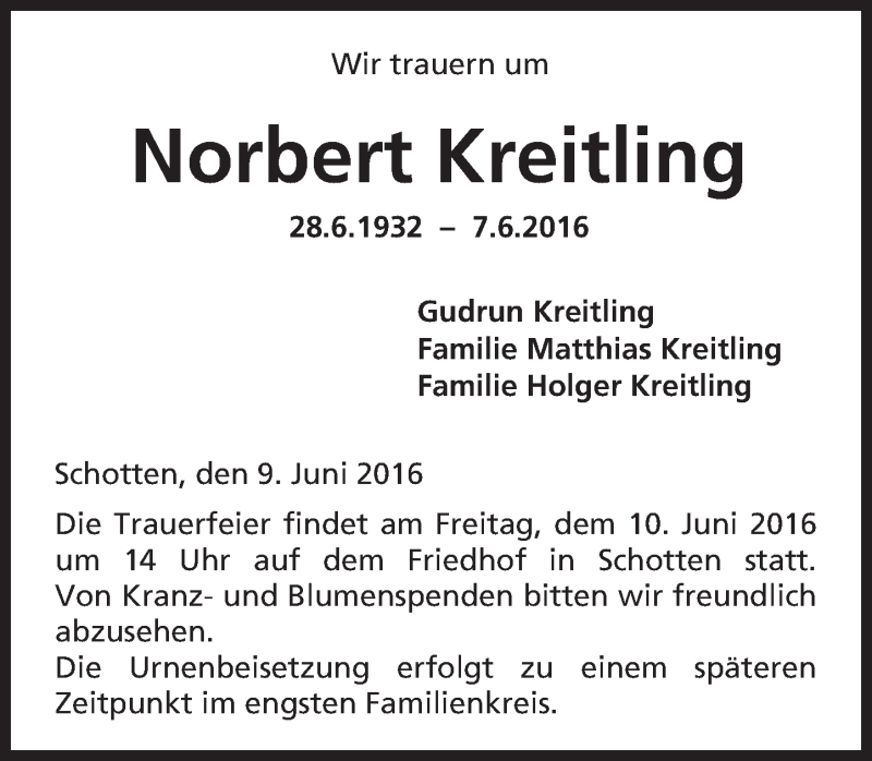  Traueranzeige für Norbert Kreitling vom 09.06.2016 aus  Kreisanzeiger