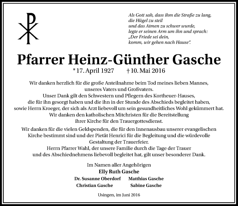  Traueranzeige für Heinz-Günther Gasche vom 11.06.2016 aus  Usinger Anzeiger