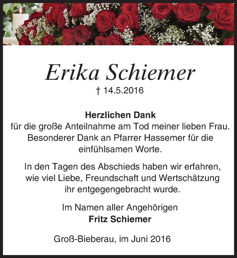  Traueranzeige für Erika Schiemer vom 11.06.2016 aus Trauerportal Echo Online
