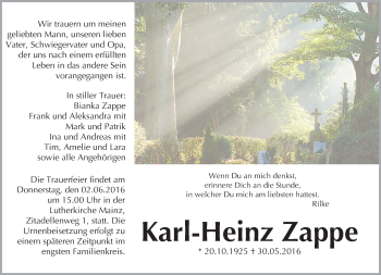 Traueranzeige von Karl-Heinz Zappe von  Allgemeine Zeitung Mainz