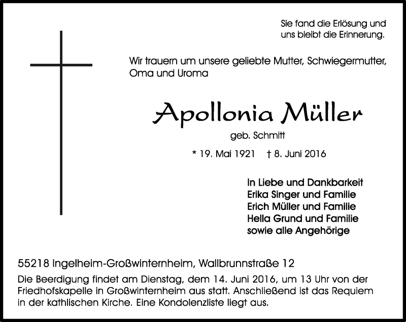  Traueranzeige für Apollonia Müller vom 11.06.2016 aus  Allgemeine  Zeitung Ingelheim-Bingen
