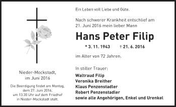 Traueranzeige von Hans Peter Filip von  Kreisanzeiger