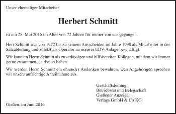 Traueranzeige von Herbert Schmitt von  Gießener Anzeiger