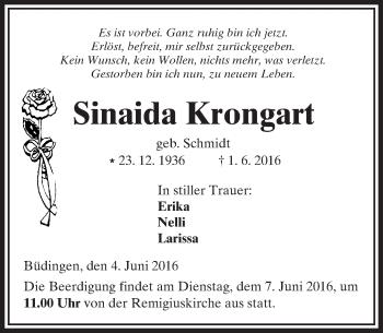Traueranzeige von Sinaida Krongart von  Kreisanzeiger