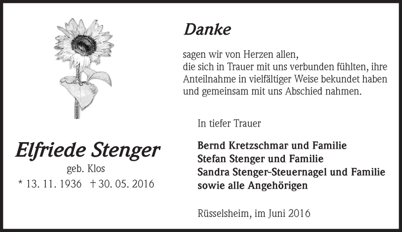  Traueranzeige für Elfriede Stenger vom 11.06.2016 aus  Mainspitze