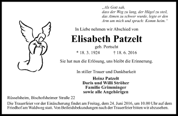 Traueranzeige von Elisabeth Patzelt von Trauerportal Rhein Main Presse
