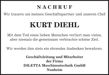 Traueranzeige von Kurt Diehl von Trauerportal Echo Online