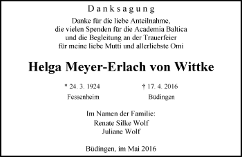 Traueranzeige von Helga Meyer-Erlach von Wittke von  Allgemeine  Zeitung Ingelheim-Bingen