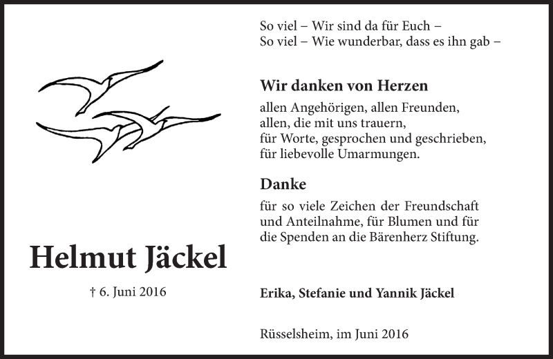  Traueranzeige für Helmut Jäckel vom 25.06.2016 aus Trauerportal Rhein Main Presse